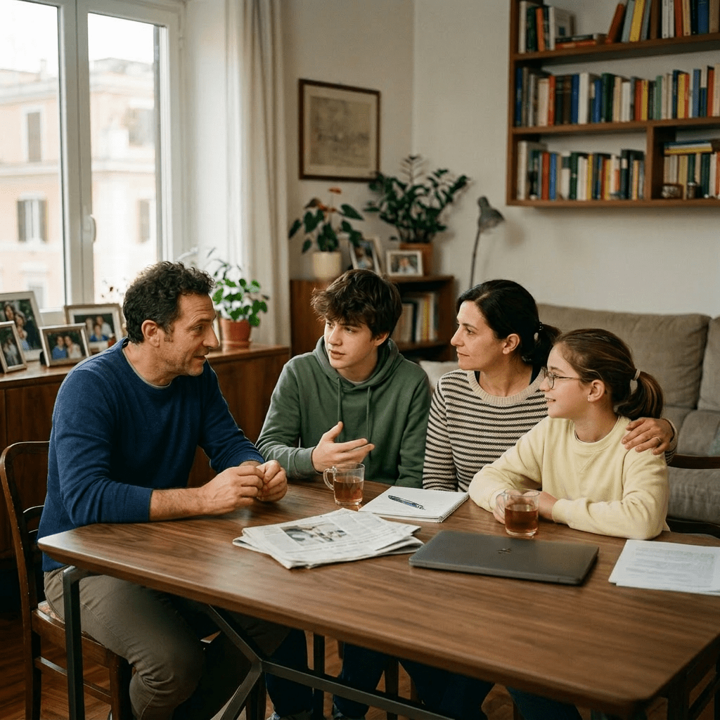 Family of four sitting at a table with notebooks and drinks engaged in discussion