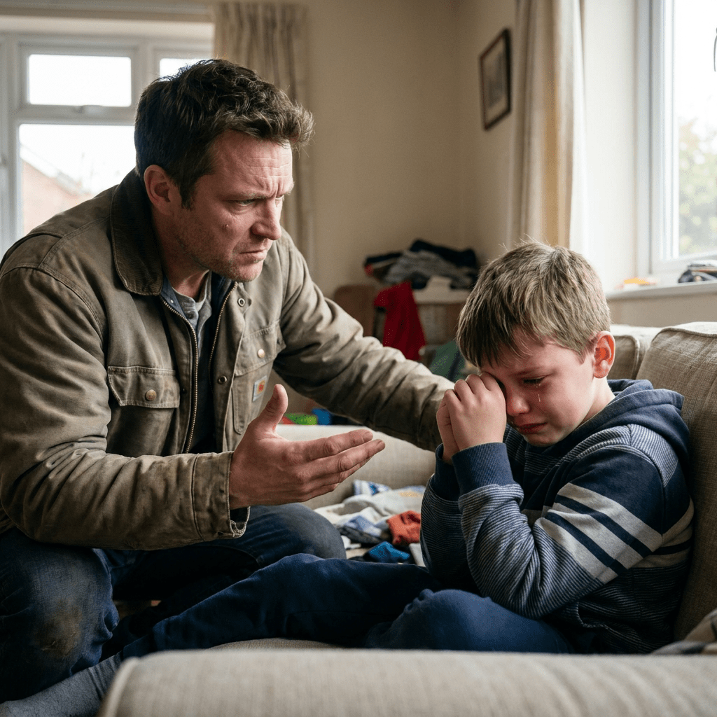 Father comforting his crying young son sitting on a couch indoors