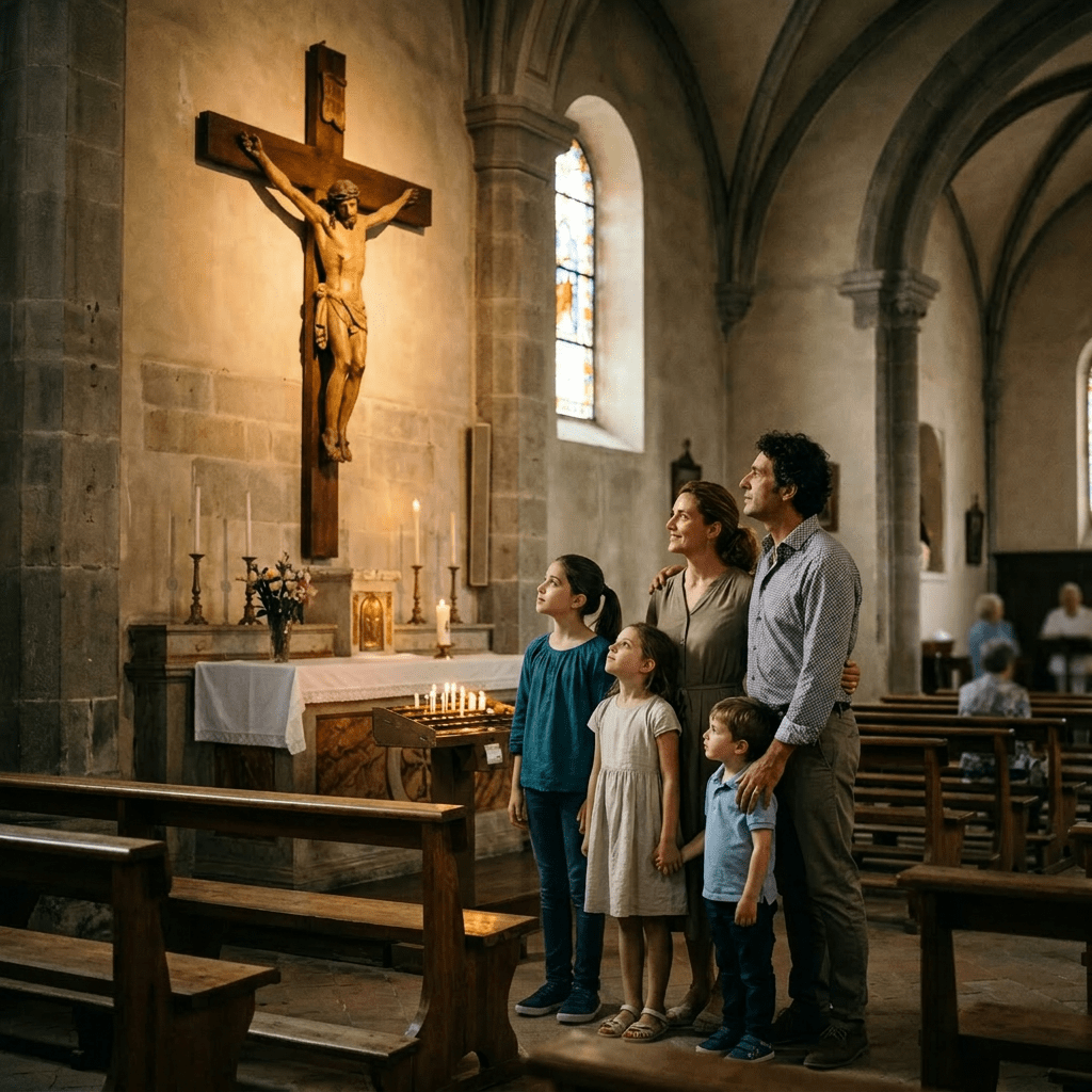Family of five looking at a crucifix on the church wall beside lit candles