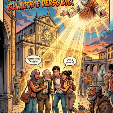 Diverse group of people embracing and talking near a church with God figure shining light from clouds