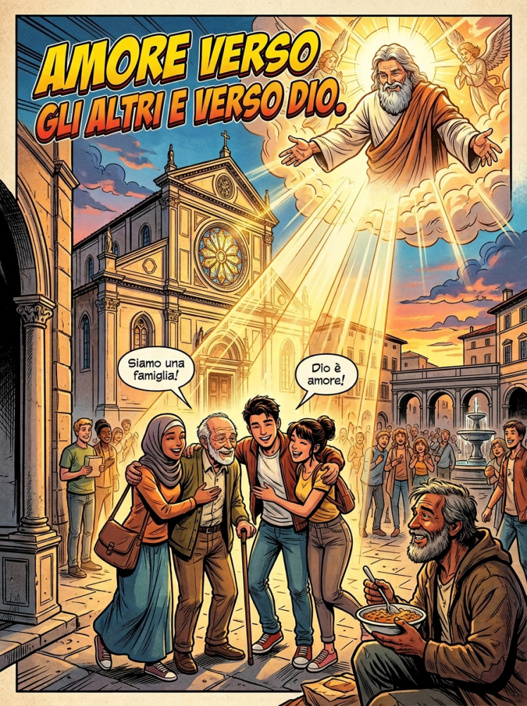 Diverse group of people embracing and talking near a church with God figure shining light from clouds