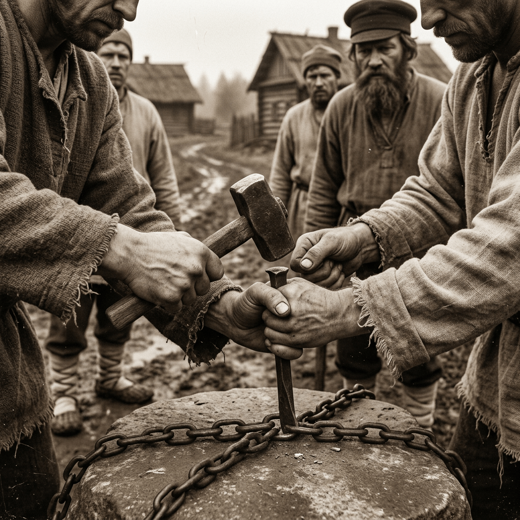 Two men shaping metal with hammer and chisel outdoors