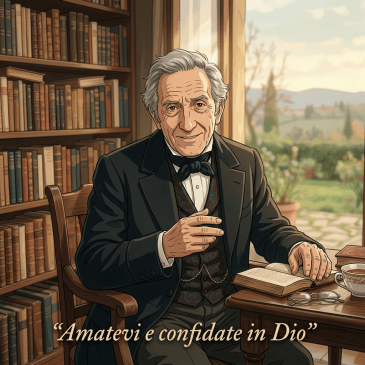 Elderly man beside books with text “Amatevi e confidate in Dio”